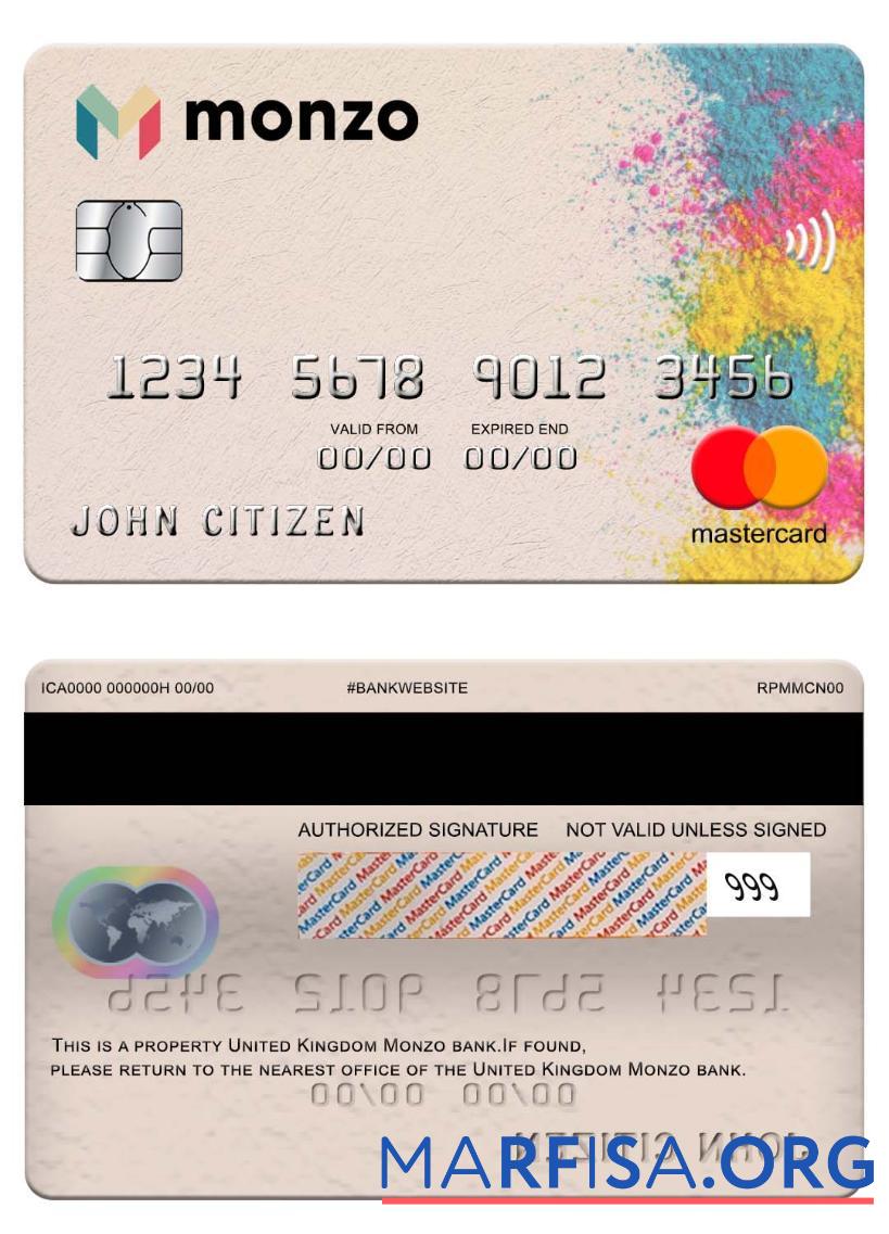 Downloadable United Kingdom Monzo bank mastercard template